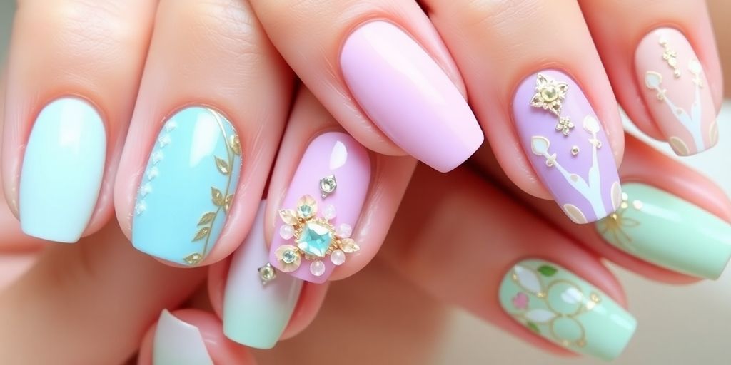 Várias unhas coreanas com designs criativos e coloridos.