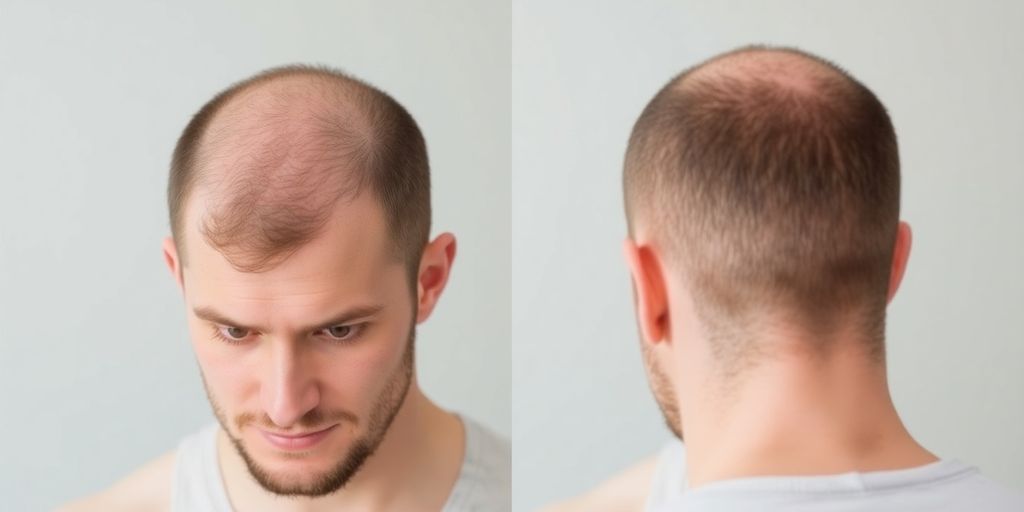 Man observing hair regrowth after Rogaine use.
