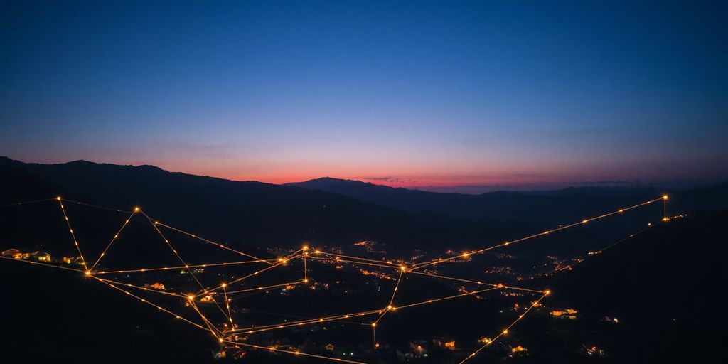 Réseau maillé connectant des maisons dans un paysage rural.