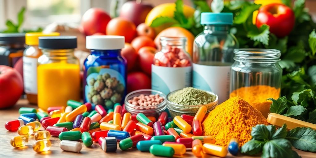 Colorful food supplements on a wooden surface.