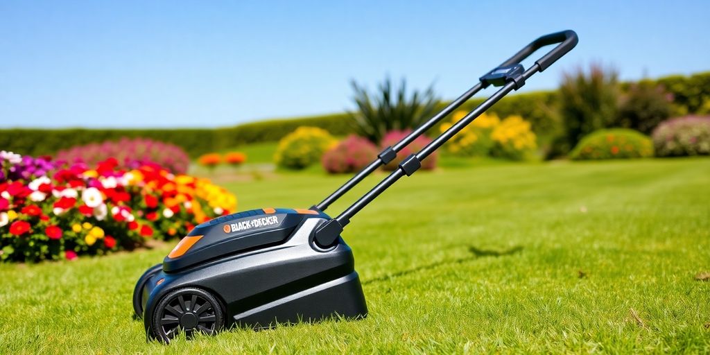 Black+Decker CM2043 cordless mower on green grass.