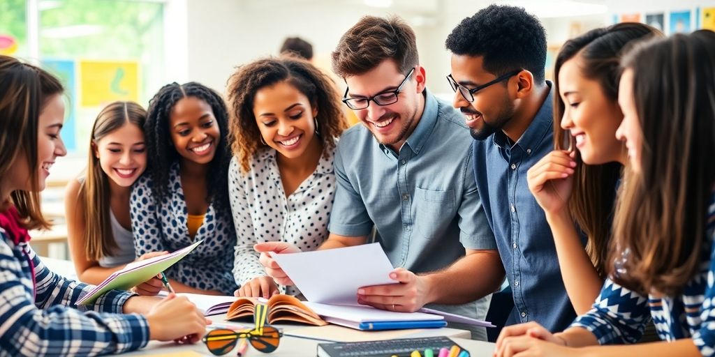 Students collaborating and studying together in a bright classroom.