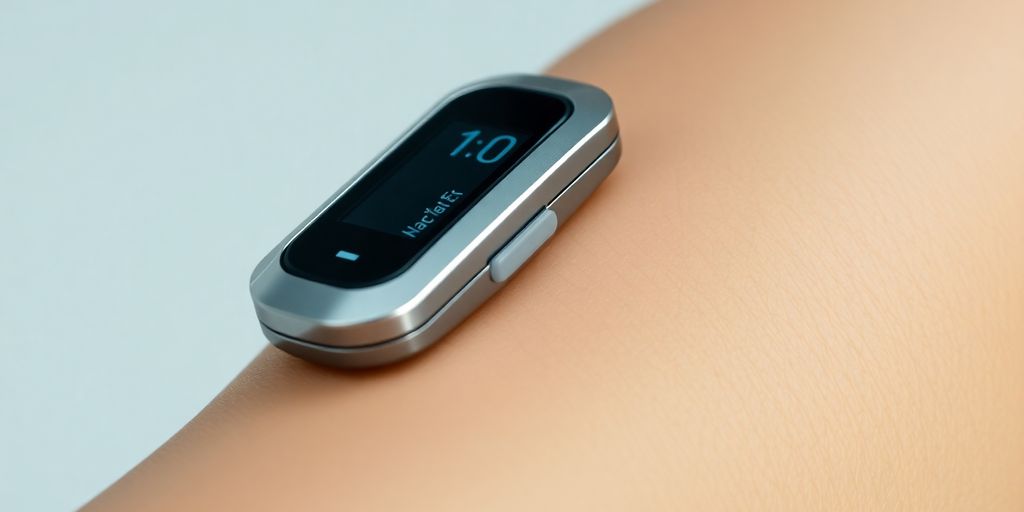 Modern continuous glucose monitor on an arm.