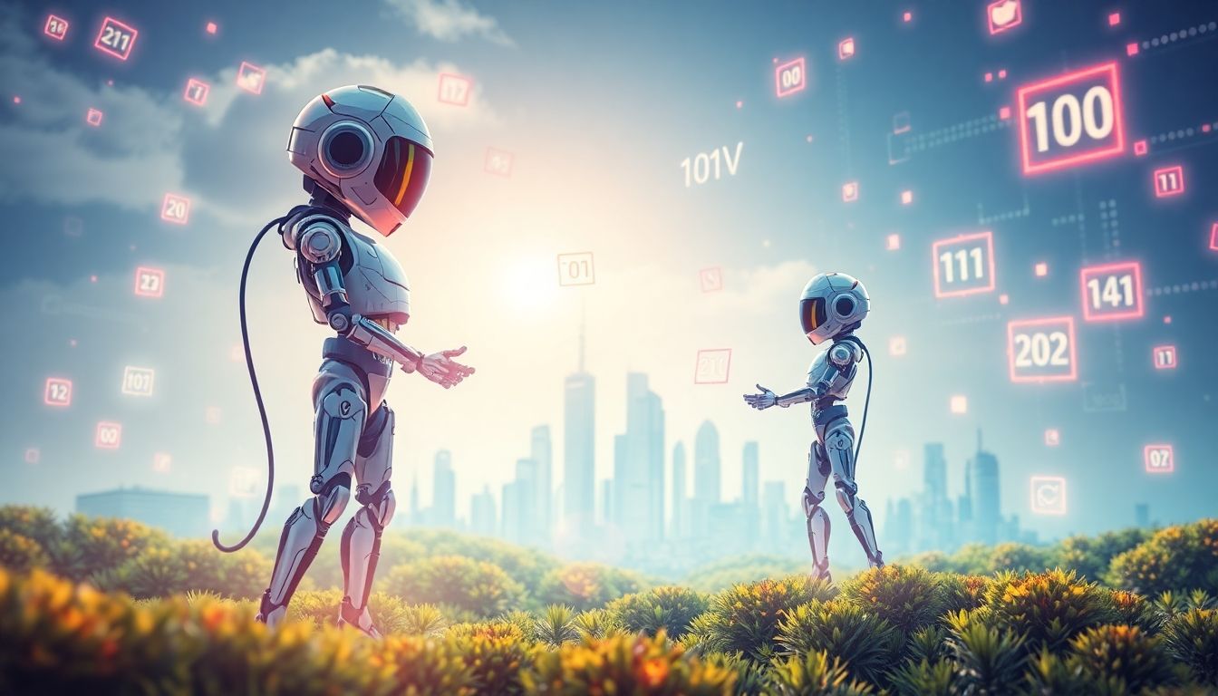 Futuristic AI landscape with robots and coding symbols.