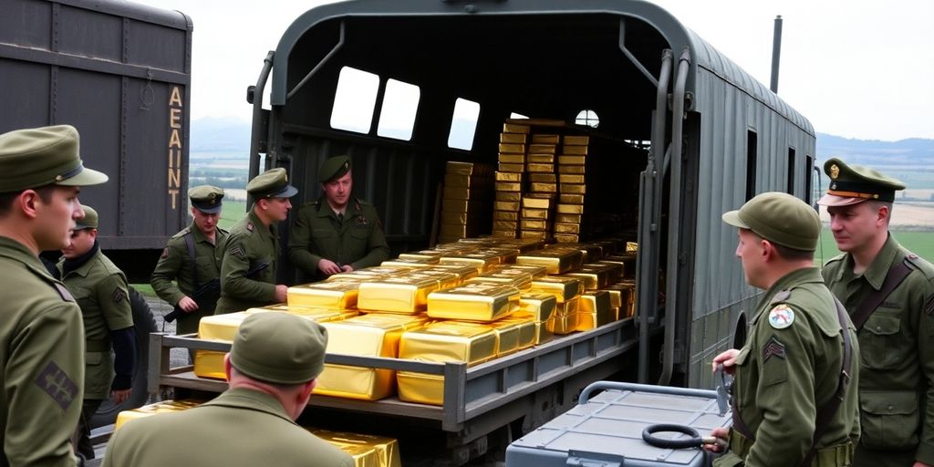 Chargement de lingots d'or dans un véhicule militaire.