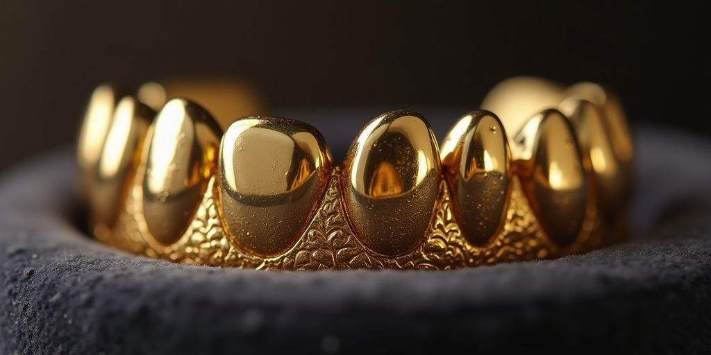 Couronne dentaire en or brillante sur fond noir.