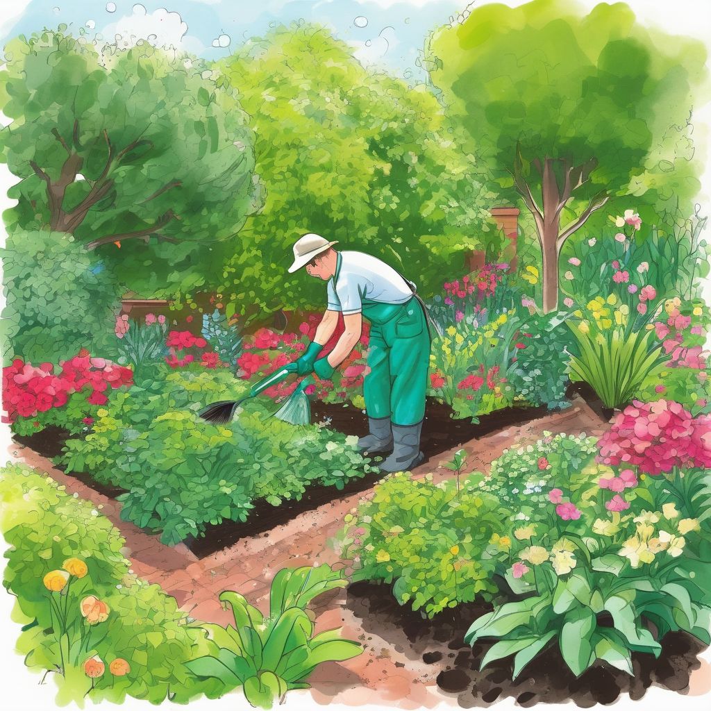 gardener applying fertilizer to plants in a lush garden