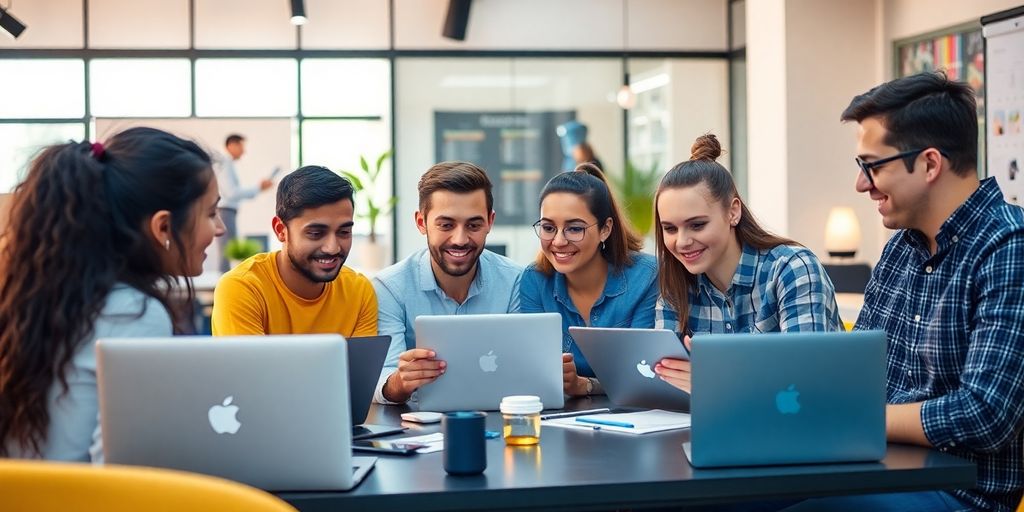 Aspiring entrepreneurs collaborating in a modern workspace.