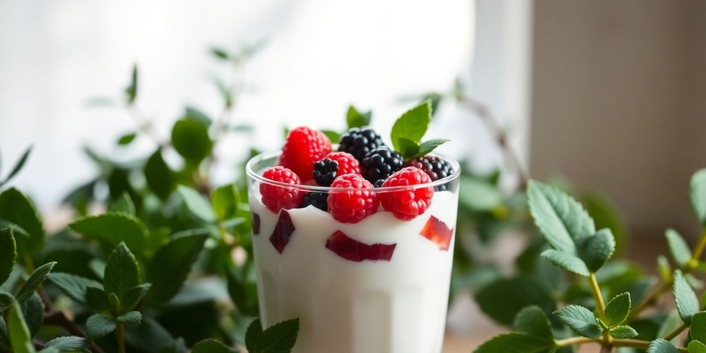 Yogurt with berries surrounded by green plants for calm.