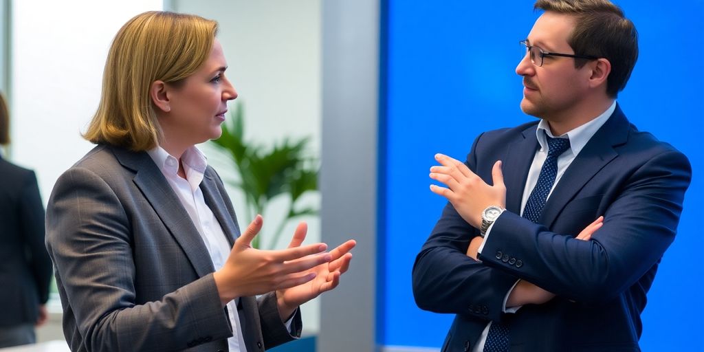 Mitarbeiter im Gespräch mit dezenten blauen Akzenten.