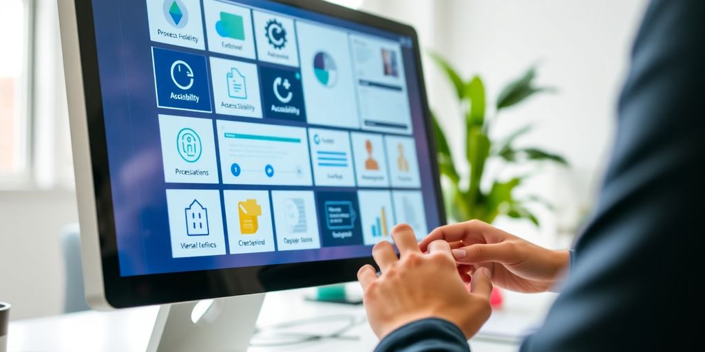 Photograph of hands on a computer screen with accessibility tools.