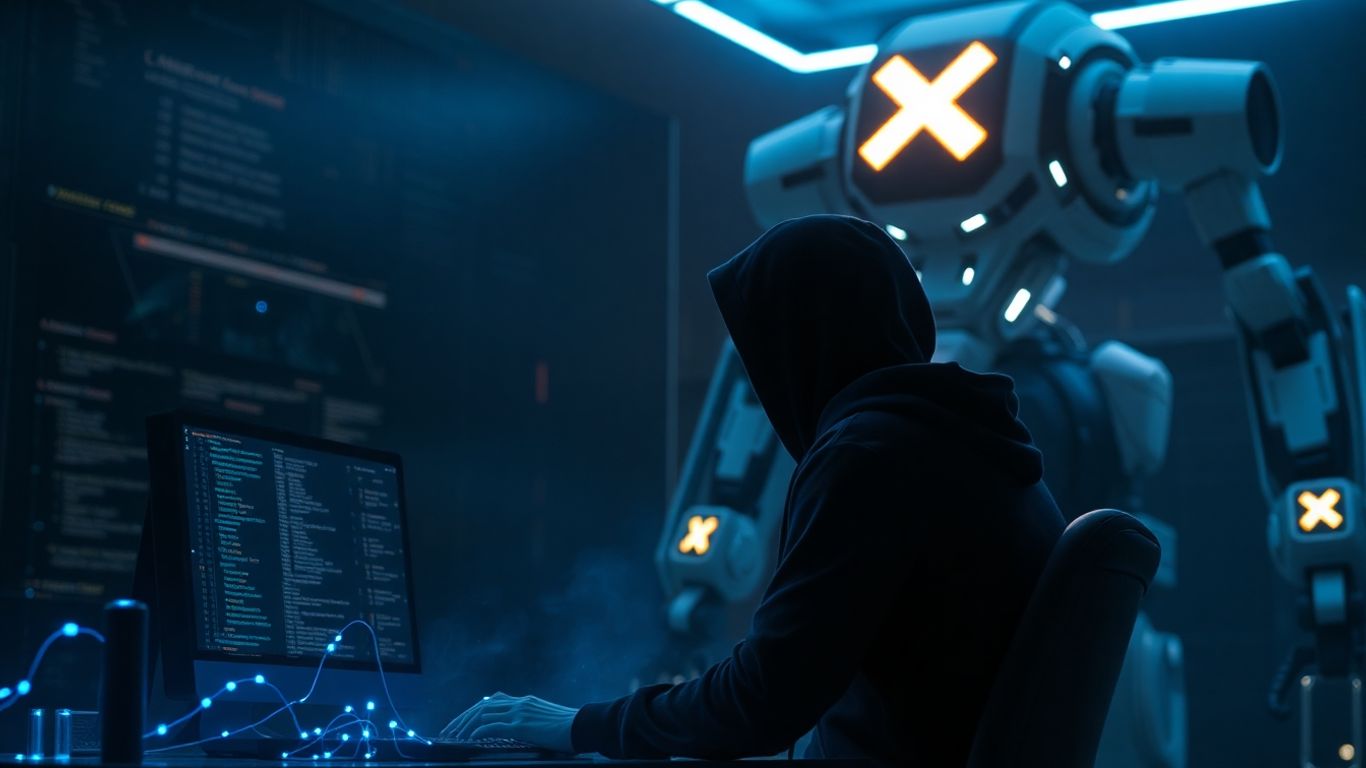 Hacker and AI robot in dark digital scene