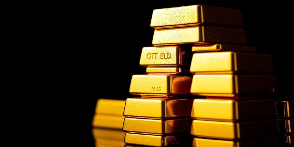 Gold bars stacked, reflecting light on a dark background.