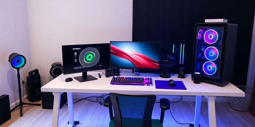 Modern PC workspace with gaming accessories and nice lighting.