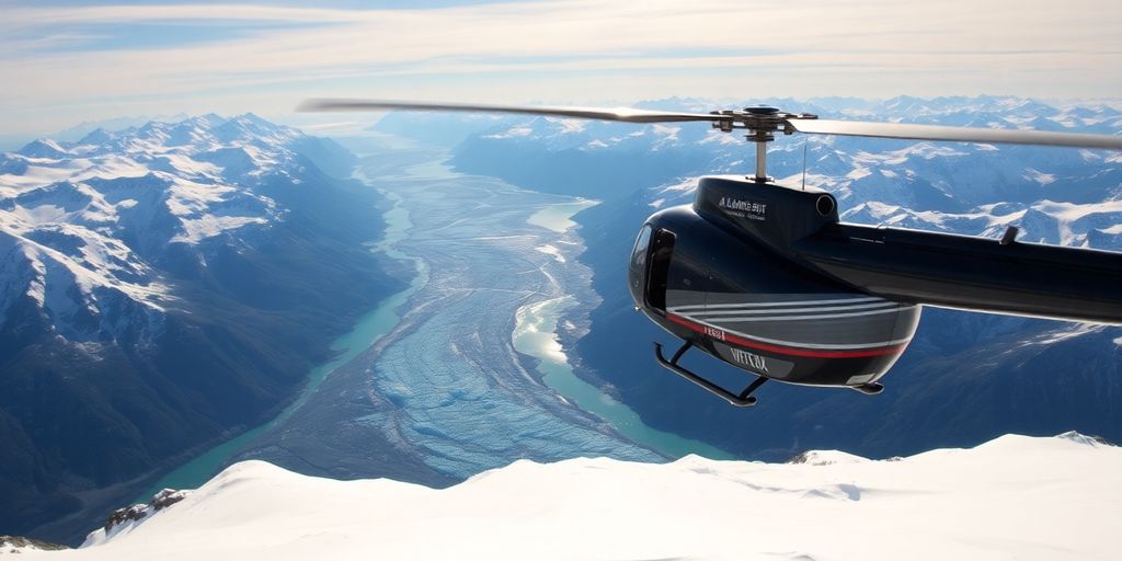 A helicopter flies over massive Alaskan glaciers and snowy mountains.
