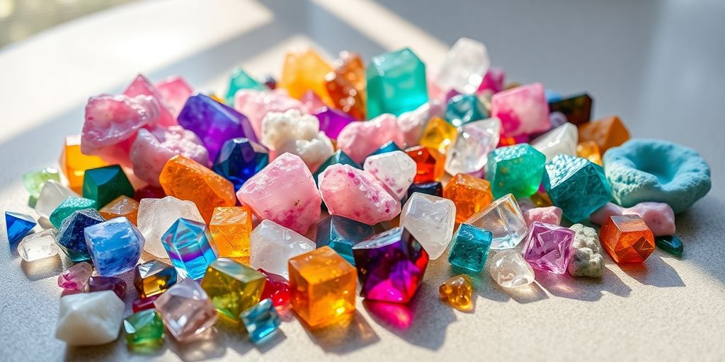 Varie forme e colori di cristalli su una superficie liscia.