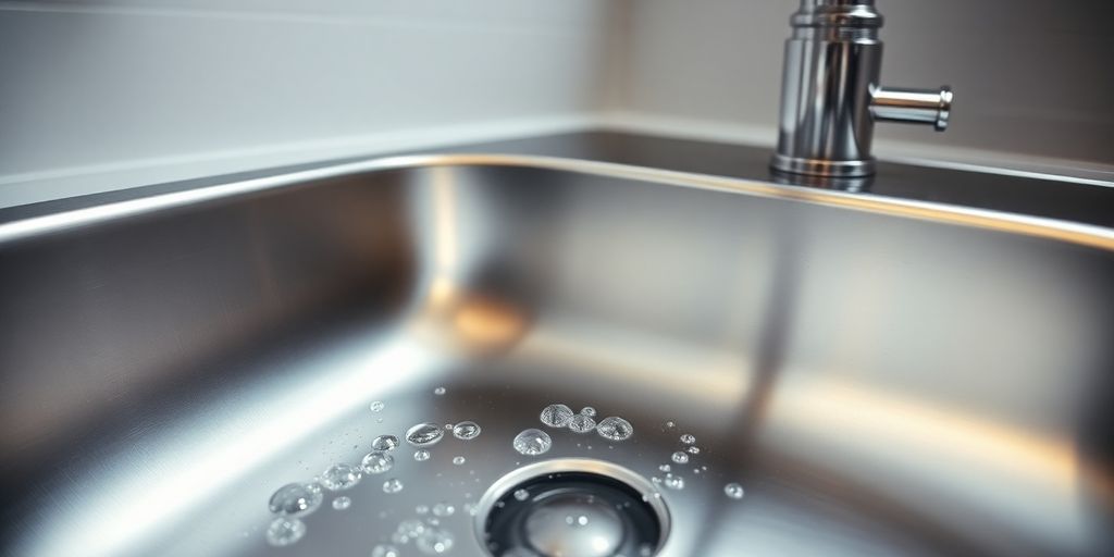Polished stainless steel kitchen basin with faucet.