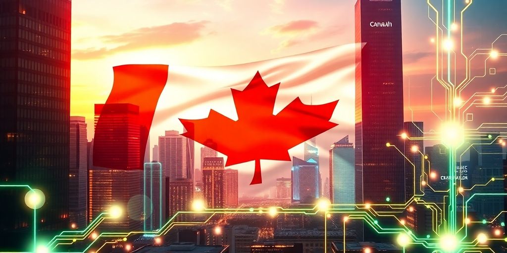 Canadian flag and futuristic cityscape with glowing circuits.