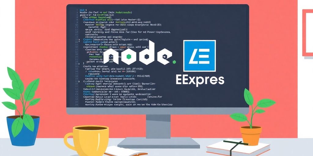 Tela de computador com código e logotipos do Node.js.