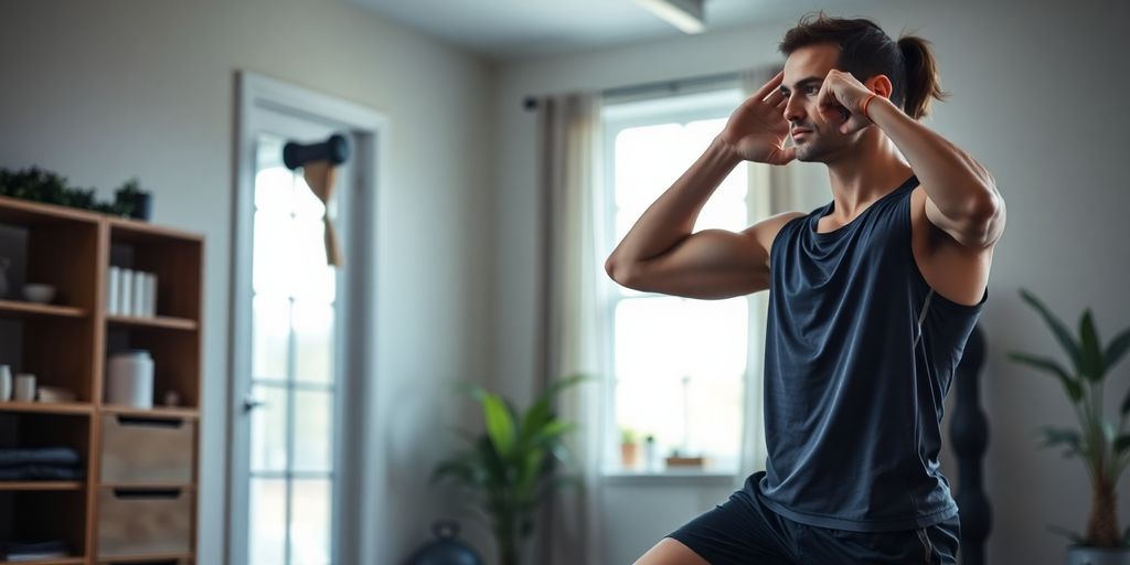 Marathon runner stretching with weights, indoors