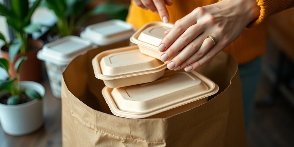 Restaurant staff handling compostable takeout containers.