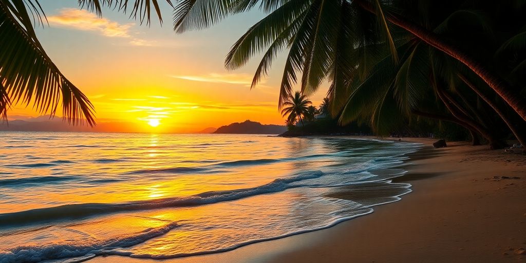 Plage tropicale au coucher du soleil avec des palmiers et des vagues.