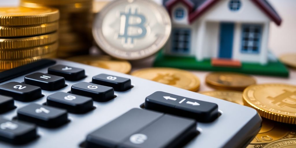 Calculator and digital coins with a house in background.