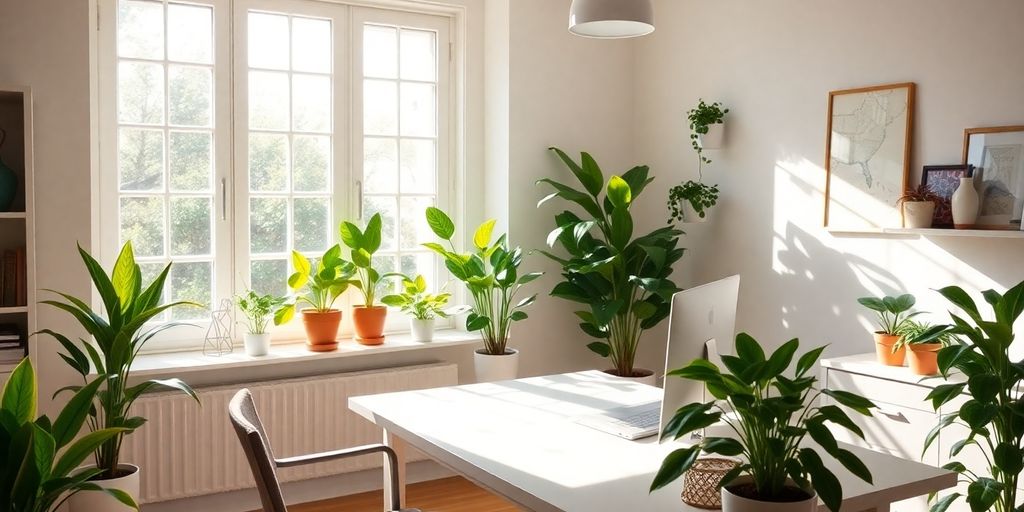 Bright home office with plants and natural light.