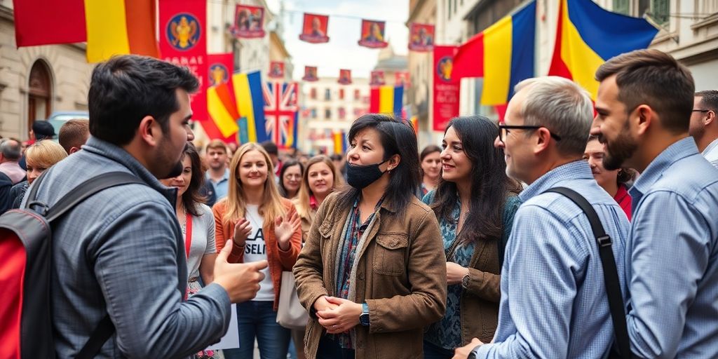 Vibrant street scene in Romania during the elections.