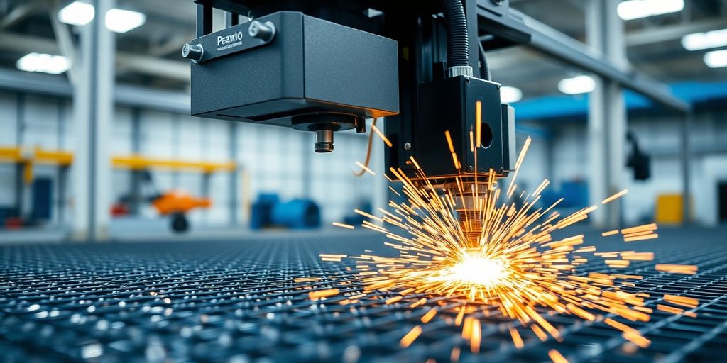 Close-up of a mesh welding machine working efficiently.