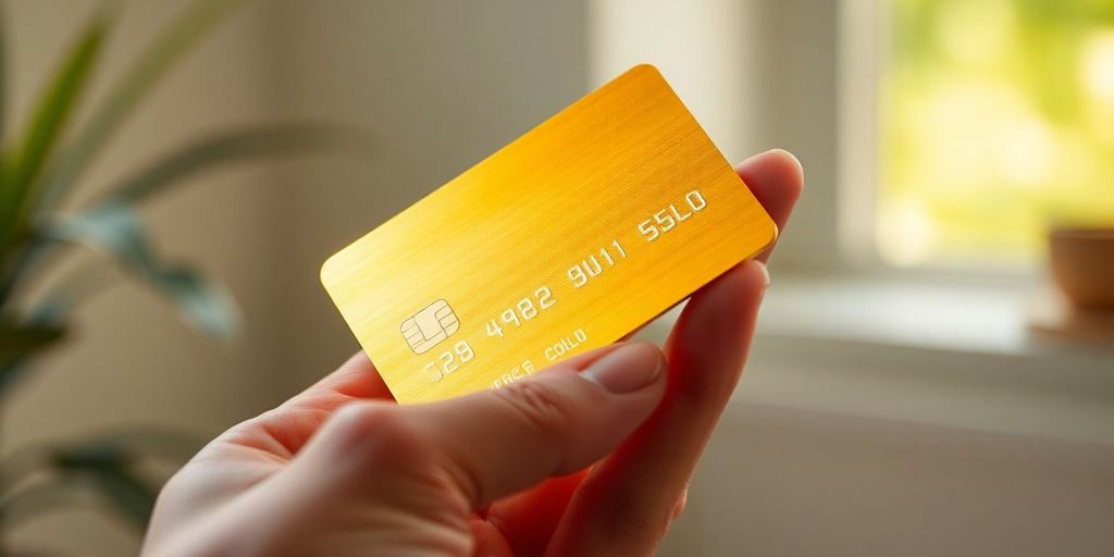 Mão segurando cartão de crédito dourado brilhante