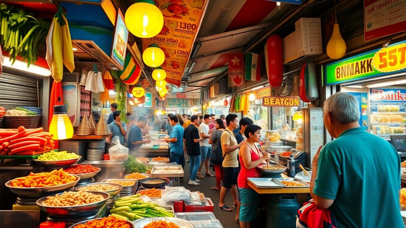 Colorful street food stalls in Bangkok bustling with life.