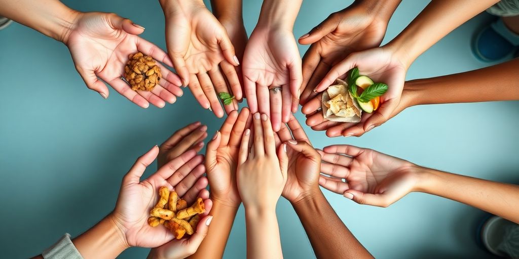 Mãos unidas oferecendo comida em solidariedade.