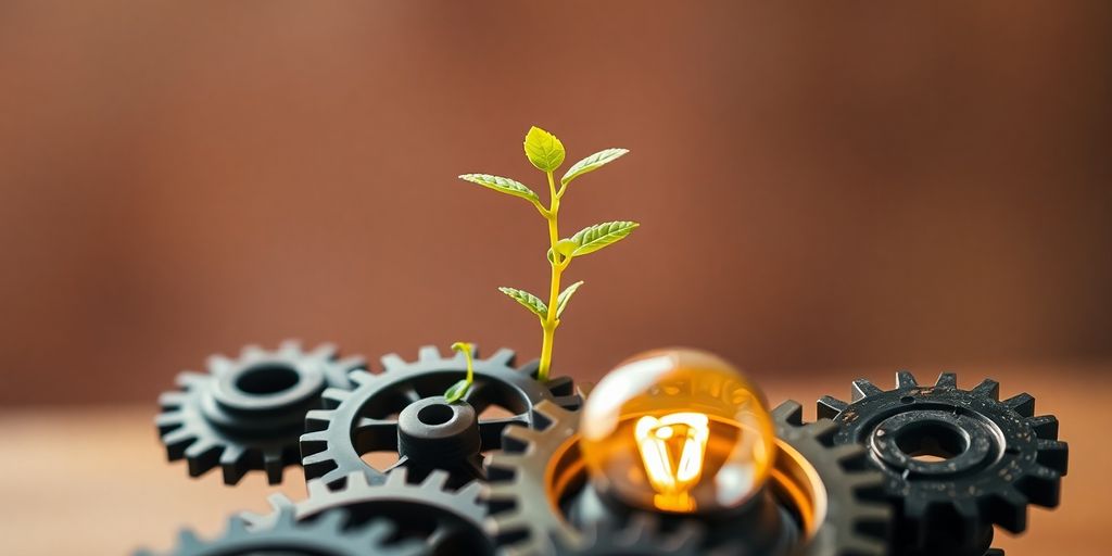 Lightbulb, gears, and growing plant collage.