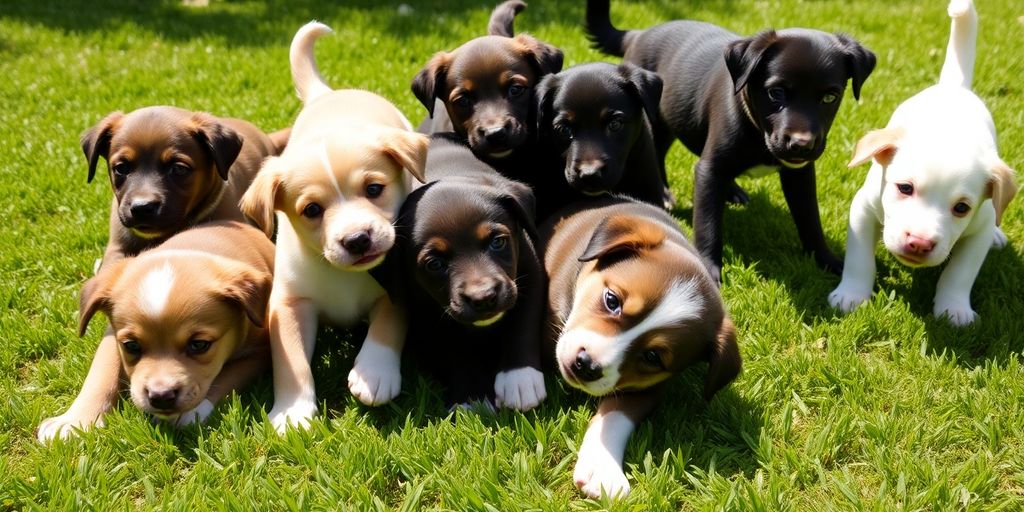 Happy puppies playing together outdoors in sunlight.