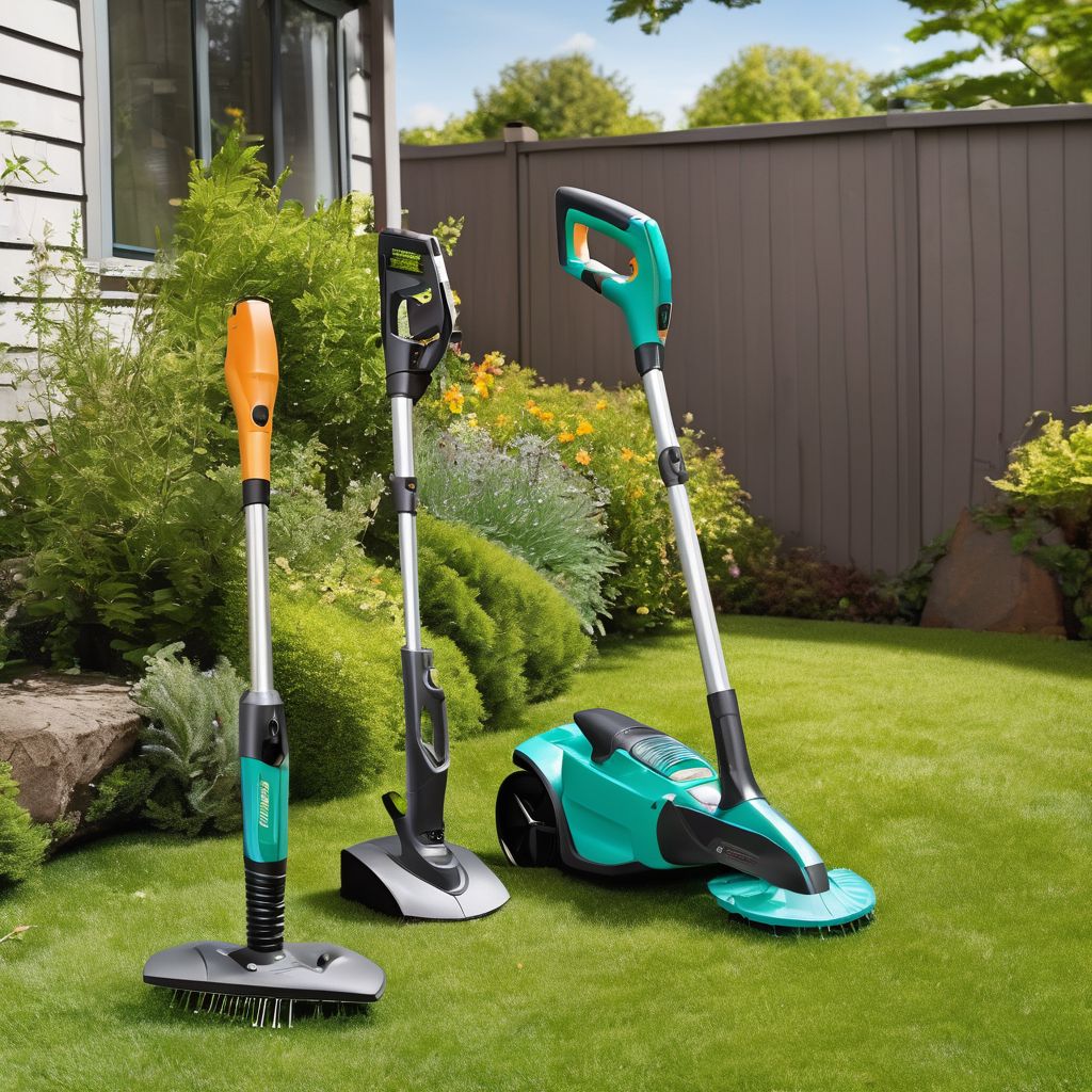 electric and battery-powered garden tools in a medium-sized garden