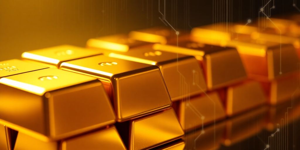 Barres d'or empilées avec un motif de blockchain en arrière-plan.
