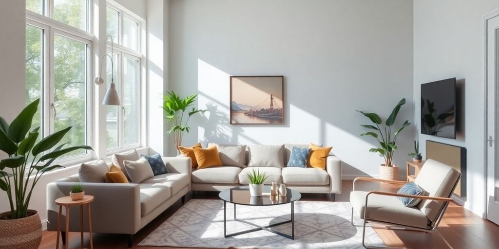 Bright living room with cozy sofa and stylish decor.
