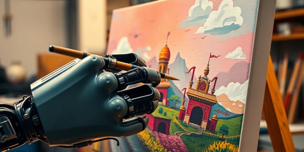 Robot hand painting a vibrant, imaginative landscape.