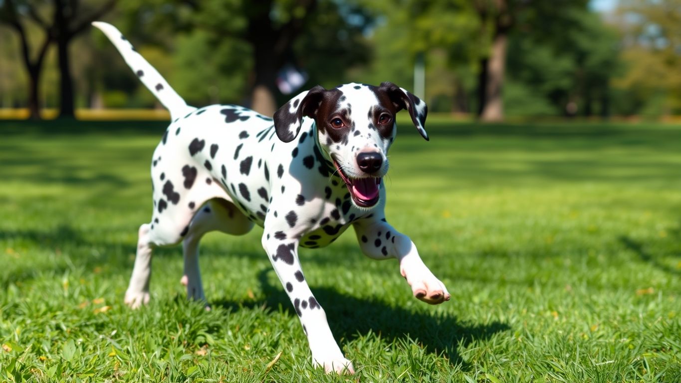 Dalmatian dog running in a sunny park.