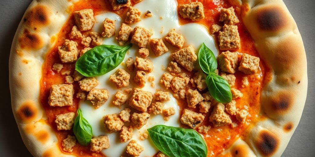 Naan pizza with chicken sausage, cheese, basil.