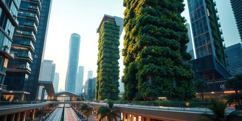 Futuristic cityscape with lush vertical gardens, illuminated by glowing lights.