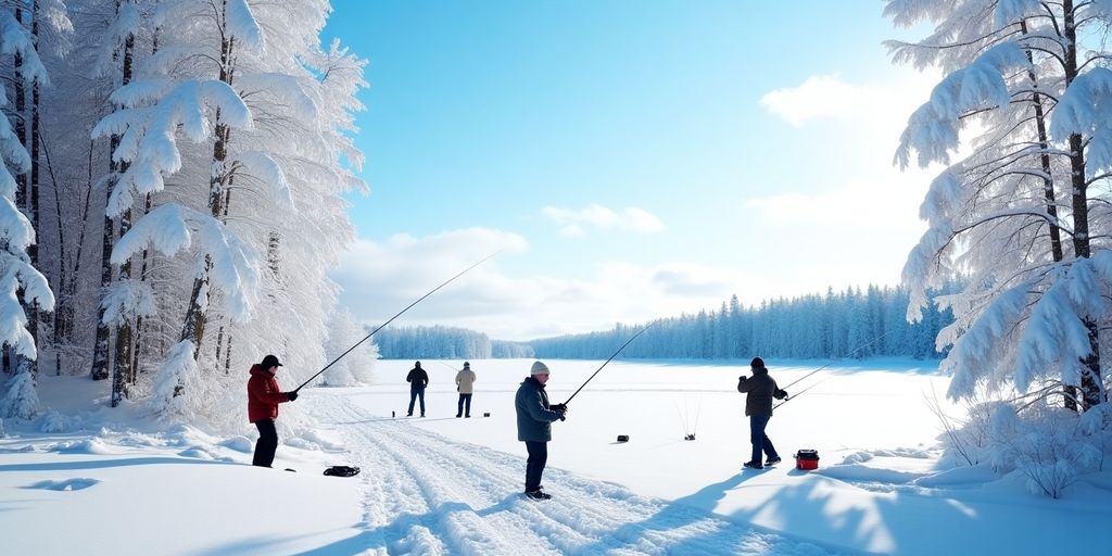 Ice fishing on frozen Red Lake in winter.