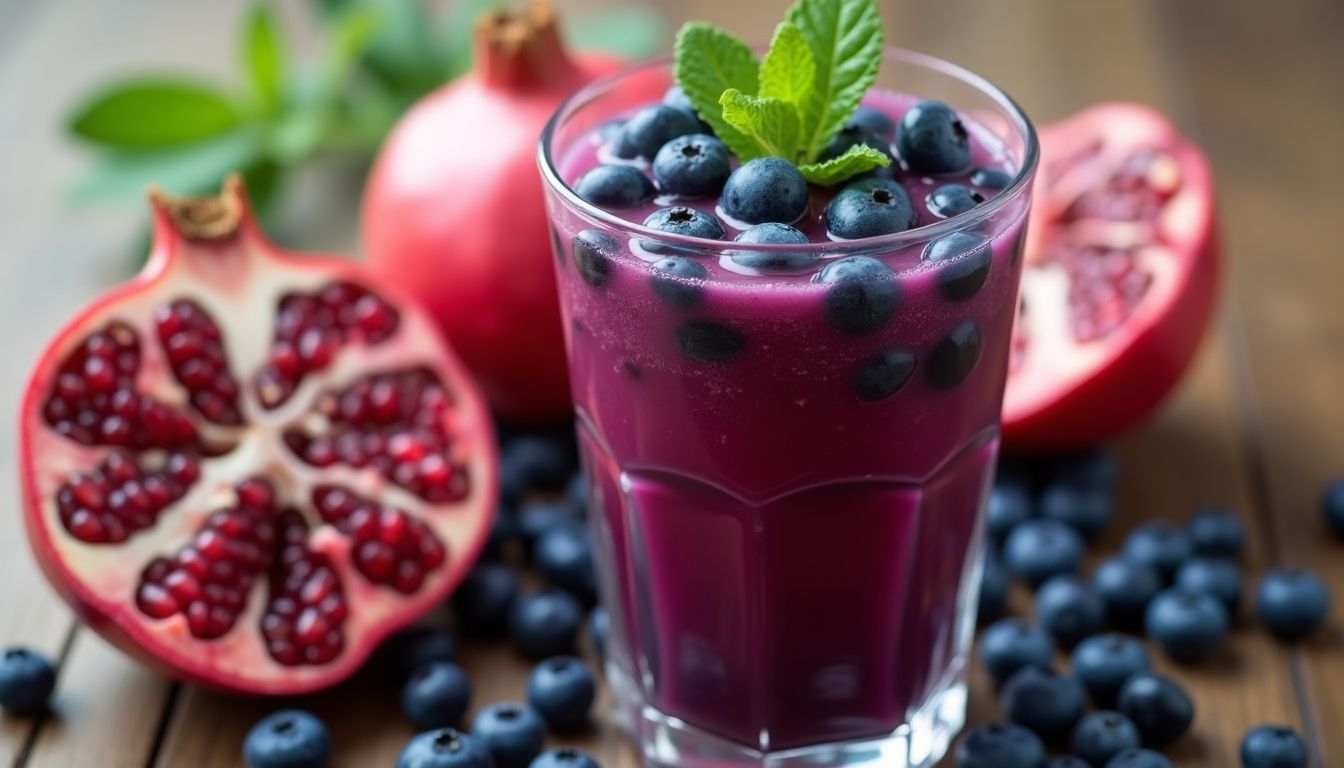Blueberry Pomegranate Punch in a clear glass with garnishes.