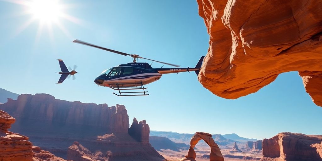 A helicopter flies over Moab's vast red rock canyons.