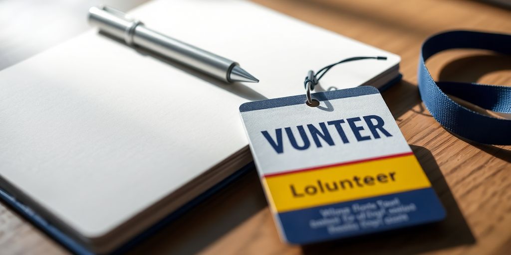 Open notebook, pen, volunteer badge.
