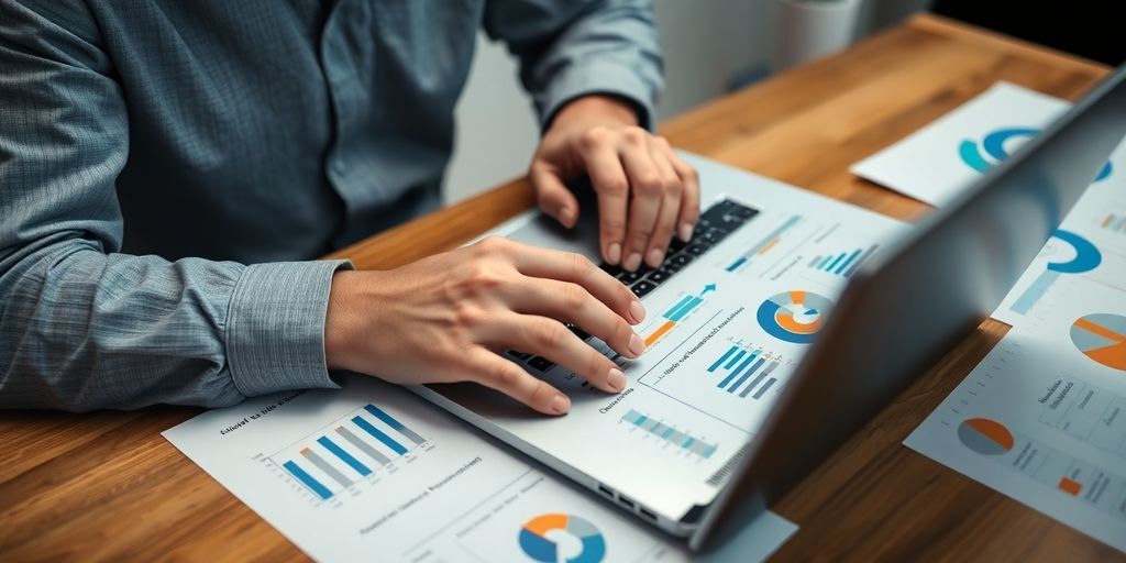 Person analysiert Umfrageergebnisse auf einem Laptop.