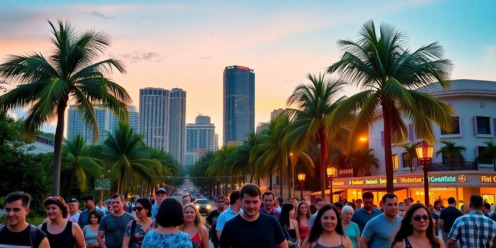 Bustling Miami cityscape at sunset, diverse crowd
