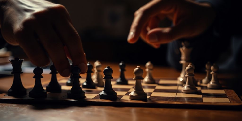 Hands moving chess pieces, blurred stock tickers