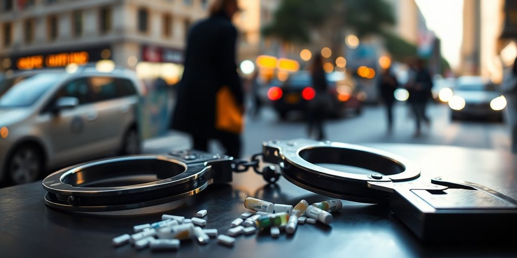 Law enforcement, handcuffs, drugs, and city street.